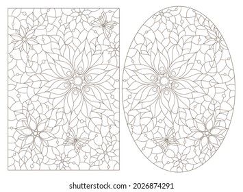 A set of contour illustrations in the style of stained glass with flower arrangements, dark contours on a white background