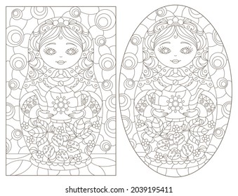 A set of contour illustrations in the style of stained glass with Russian dolls, dark contours on a white background