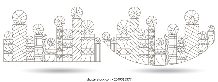 A set of contour illustrations in the style of stained glass with compositions of candles, dark contours isolated on a white background