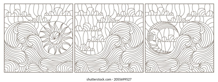 A set of contour illustrations in the style of stained glass with seascapes, dark contours on a white background