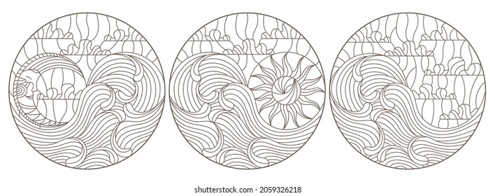 A set of contour illustrations in the style of stained glass with seascapes, dark contours on a white background