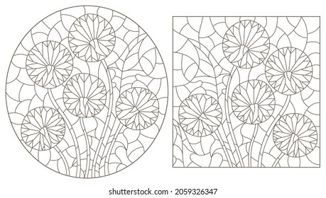 A set of contour illustrations in the style of stained glass with abstract dandelion flowers, dark contours on a white background