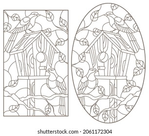 A set of contour illustrations in the style of stained glass with a pair of birds and a birdhouse, dark contours on a white background