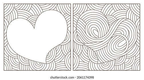 A set of contour illustrations in the style of stained glass with abstract hearts, dark contours on a white background