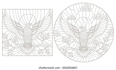 A set of contour illustrations in the style of stained glass with abstract eagles, dark contours on a white background