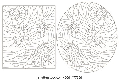 A set of contour illustrations in the style of stained glass with maple leaves on a sky background, dark contours on a white background