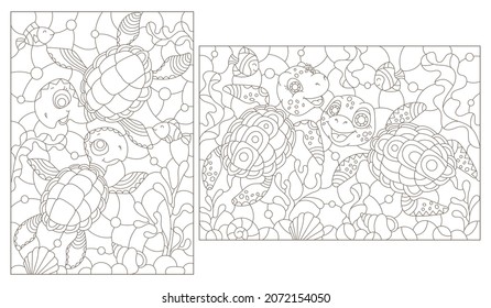 A set of contour illustrations in the style of a stained glass window with turtles on a sea day background, dark outlines on a white background