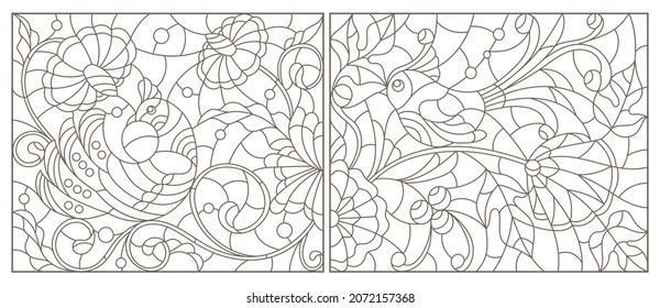 Un conjunto de ilustraciones de contorno en el estilo de vidrios manchados con pájaros y flores, contornos oscuros sobre un fondo blanco