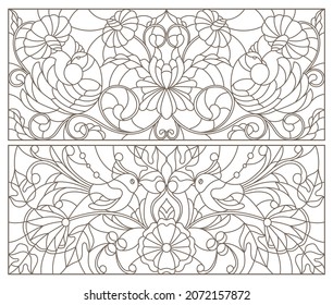 A set of contour illustrations in the style of stained glass with birds and flowers, dark contours on a white background