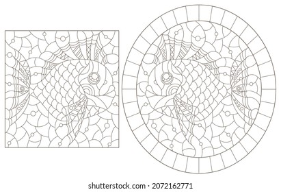 Set of contour illustrations in the style of stained glass with abstract fish, dark outlines on a white background