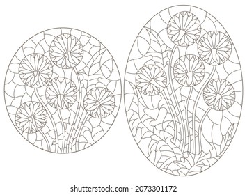 A set of contour illustrations in the style of stained glass with abstract dandelion flowers, dark contours on a white background
