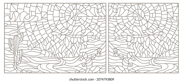 Un conjunto de ilustraciones de contorno en el estilo de vidrios manchados con paisajes desérticos, contornos oscuros sobre un fondo blanco