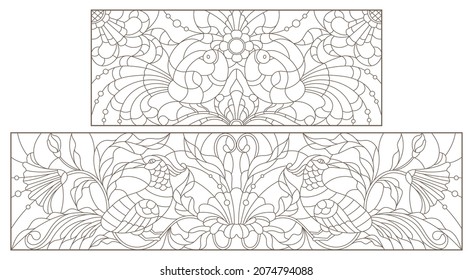 A set of contour illustrations in the style of stained glass with birds and flowers, dark contours on a white background