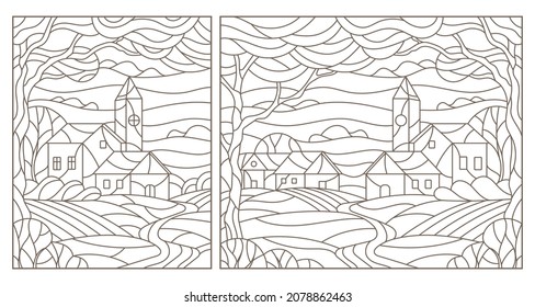 A set of contour illustrations in the style of stained glass with urban landscapes , dark contours on a white background