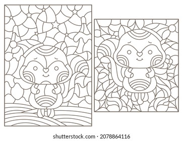 A set of contour illustrations in the style of stained glass on the theme of New Year holidays with cute foxes, dark outlines on a white background