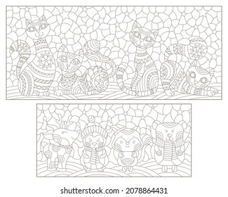 A set of contour illustrations in the style of stained glass on the theme of New Year holidays, cute animals on the background of a winter night landscape