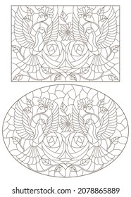 A set of contour illustrations in the style of stained glass with doves, hearts and flowers on a yellow background, dark contours on a white background