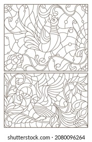 A set of contour illustrations in the style of stained glass with birds and flowers, dark contours on a white background