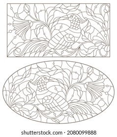 A set of contour illustrations in the style of stained glass with birds and flowers, dark contours on a white background