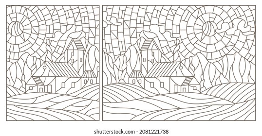 A set of contour illustrations in the style of stained glass with urban landscapes , dark contours on a white background