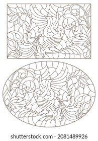 A set of contour illustrations in the style of stained glass with birds and flowers, dark contours on a white background