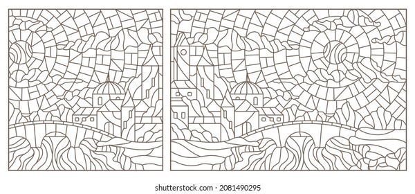 A set of contour illustrations in the style of stained glass with urban landscapes , dark contours on a white background