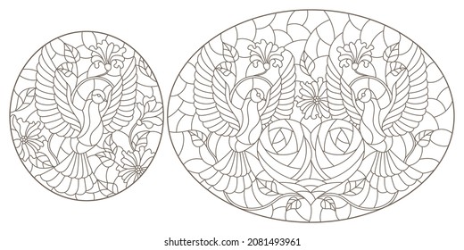 A set of contour illustrations in the style of stained glass with doves, hearts and flowers on a yellow background, dark contours on a white background