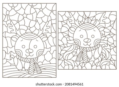 Un conjunto de ilustraciones de contorno en el estilo de vidrios manchados sobre el tema de las vacaciones de Año Nuevo con adorables ciervos, contornos oscuros sobre un fondo blanco