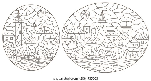 A set of contour illustrations in the style of stained glass with urban landscapes , dark contours on a white background