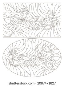 A set of contour illustrations in the style of stained glass with abstract roosters, dark contours on a white background