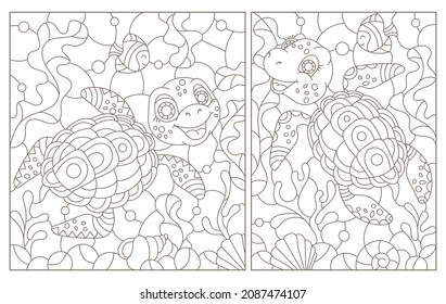 A set of contour illustrations in the style of a stained glass window with turtles on a sea day background, dark outlines on a white background
