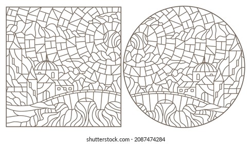 A set of contour illustrations in the style of stained glass with urban landscapes , dark contours on a white background
