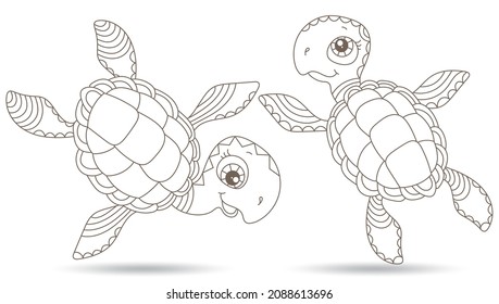 A set of contour illustrations in the style of a stained glass window with turtles,contour animals isolated on a white background