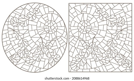 A set of contour illustrations in the style of stained glass with oak leaves on a sky background, dark contours on a white background