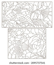 A set of contour illustrations in the style of stained glass with birds and flowers, dark contours on a white background