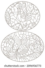 A set of contour illustrations in the style of stained glass with birds and flowers, dark contours on a white background