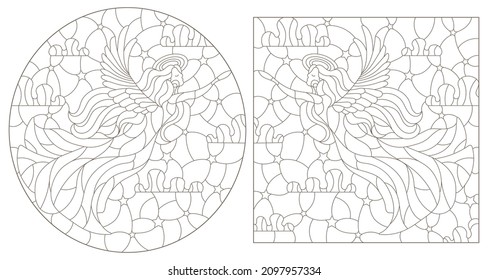 A set of contour illustrations in the style of stained glass with angel girls on a sky background, dark contours on a white background