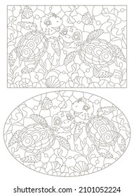 A set of contour illustrations in the style of a stained glass window with turtles on a sea day background, dark outlines on a white background