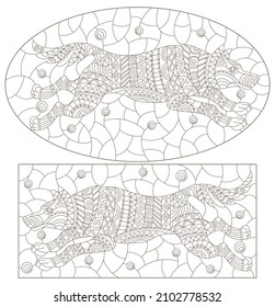 Eine Reihe von Konturillustrationen im Stil von Buntglas mit abstrakten Wölfen, dunklen Konturen auf weißem Hintergrund