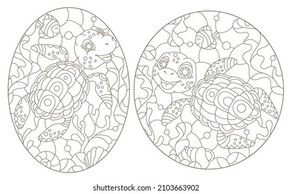 A set of contour illustrations in the style of a stained glass window with turtles on a sea day background, dark outlines on a white background