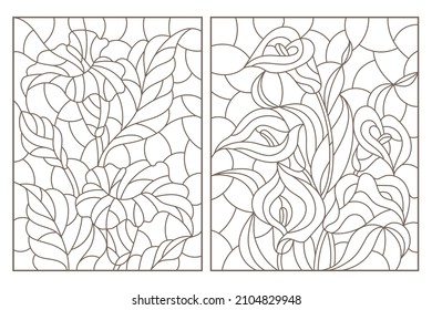 Conjunto de ilustraciones de contorno al estilo de vidrios manchados con ramos de flores de Calla, líneas oscuras sobre un fondo blanco