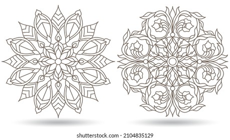 A set of contour illustrations in the style of stained glass with round floral motifs, compositions isolated on a white background