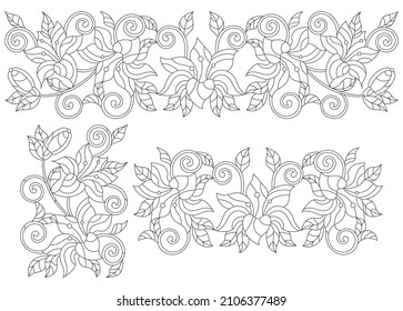 A set of contour illustrations in the style of stained glass with compositions of lilies, flowers isolated on a white background