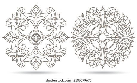 A set of contour illustrations in the style of stained glass with round floral motifs, compositions isolated on a white background