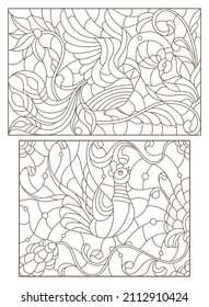 A set of contour illustrations in the style of stained glass with birds and flowers, dark contours on a white background