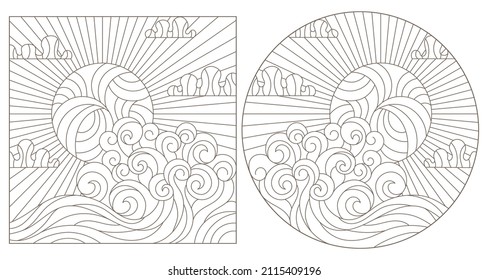 A set of contour illustrations in the style of stained glass with seascapes, dark contours on a white background
