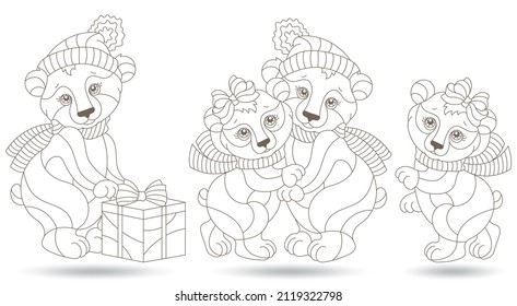 A set of contour illustrations in the style of stained glass with cute cartoon bears , animals isolated on a white background