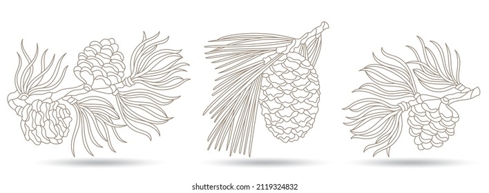 A set of contour illustrations in the style of stained glass with fir cones, isolated on a white background