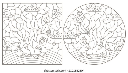 A set of contour illustrations in the style of stained glass with cute cartoon hedgehogs, dark contours on a white background