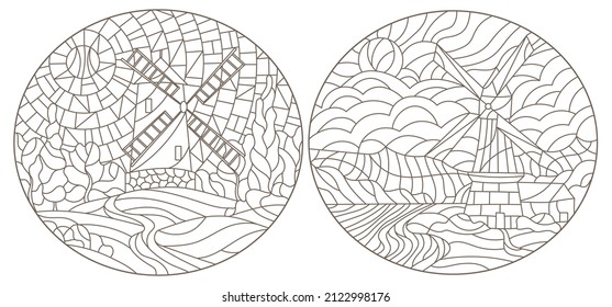 A set of contour illustrations in the style of stained glass with windmills, dark contours on a white background